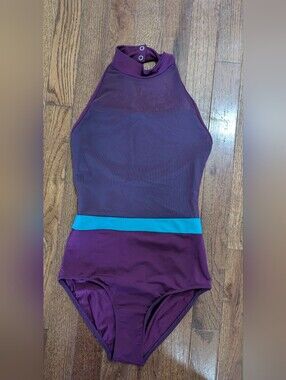 High Neck Plum One-Piece Leotard with Teal Band. Mariia Crown
